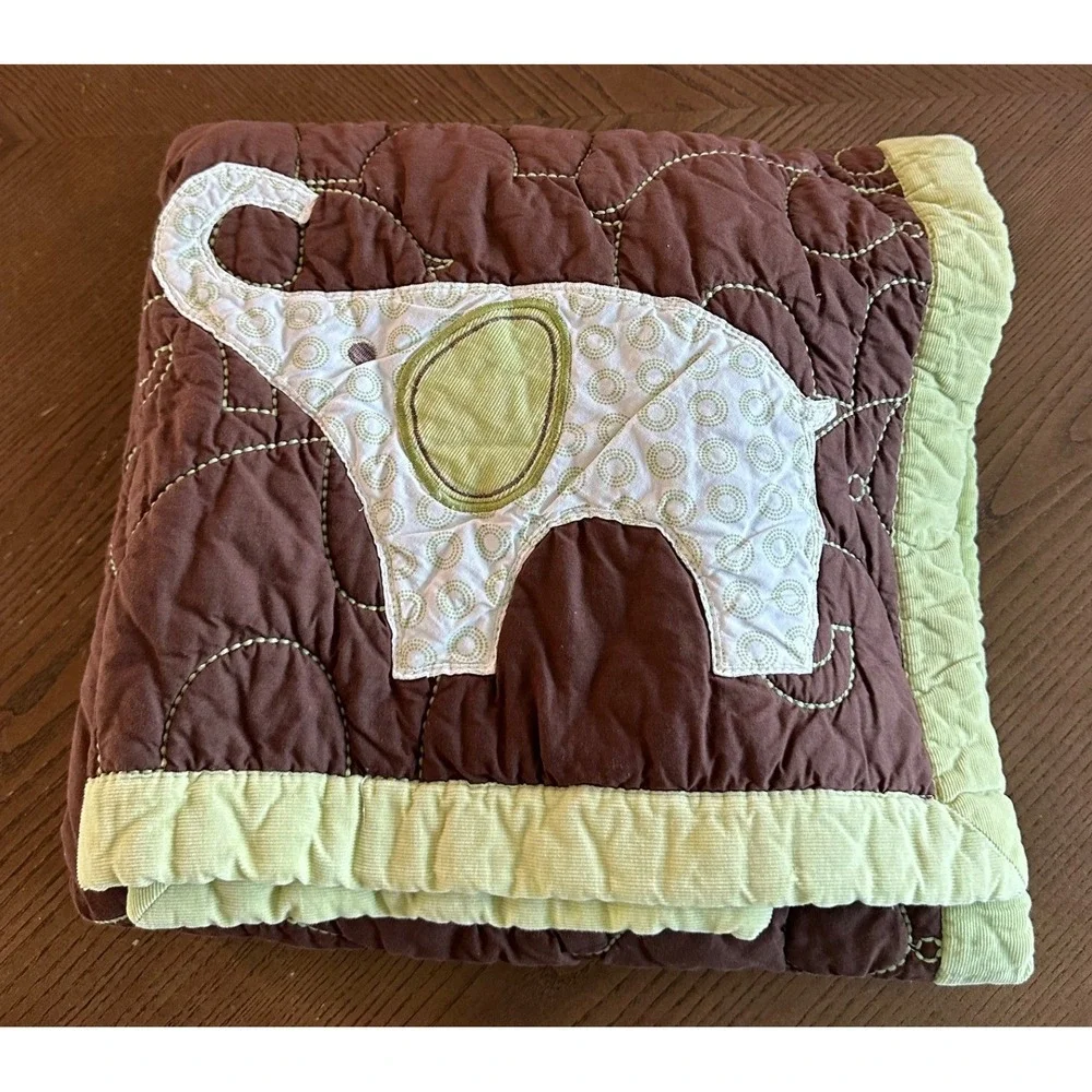Vintage Carter's Elephant Baby Quilt Brown Green Nursery Baby Blanket 42x35